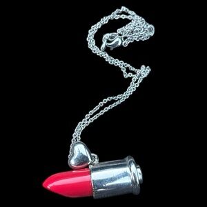 Vintage style Silver LIPSTICK Heart Pendant Necklace